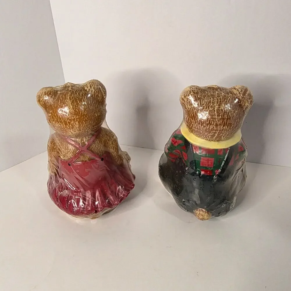 Teddy Bear Couple Figural Candles Set Plaid Pink Dress Cottagecore Decor
